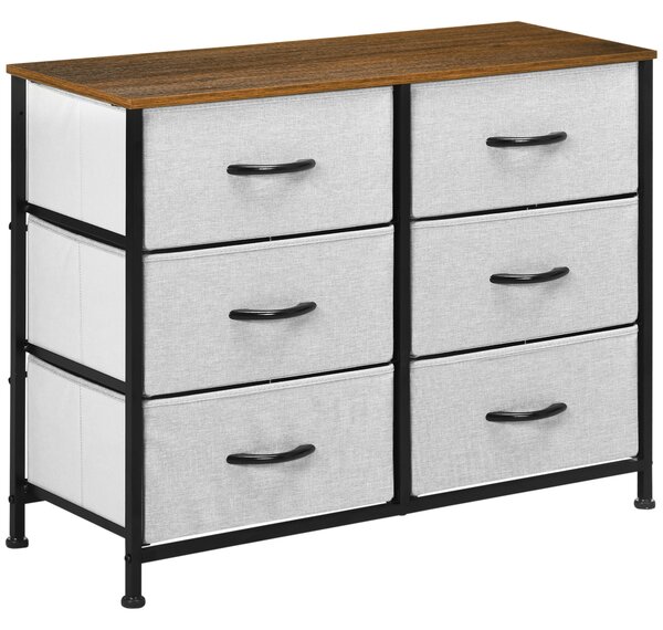 HOMCOM Bedroom Chest of Drawers, Industrial Dresser with 6 Fabric Bins, Steel Frame & Wooden Top, Grey Aosom UK