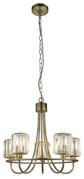 Bernadette Clear Glass Five Light Pendant in Antique Brass