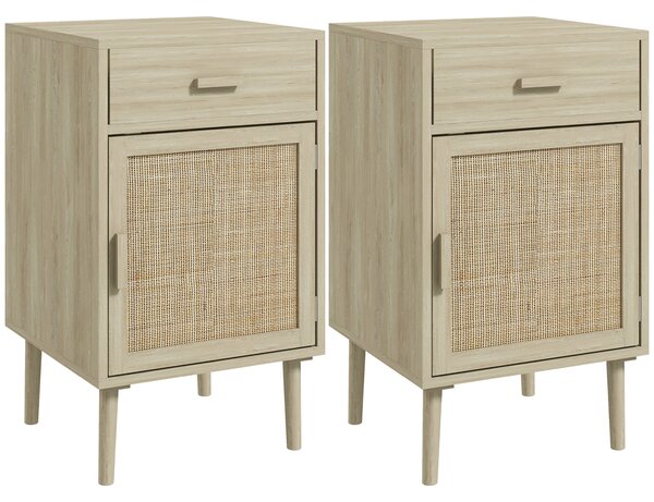 HOMCOM Bedside Tables Set of 2, Rattan Side Tables w/ Drawer, Cabinet, Adjustable Shelf, Bedside Cabinets w/ Storage for Living Room Aosom UK
