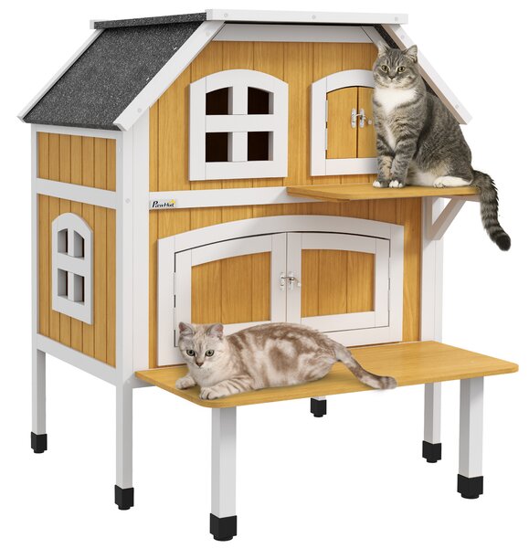 PawHut Outdoor Cat Shelter 2 Tiers Wooden Feral Cat House with Openable Asphalt Roof, Escape Doors, Terrace, for 1-2 Cats Aosom UK
