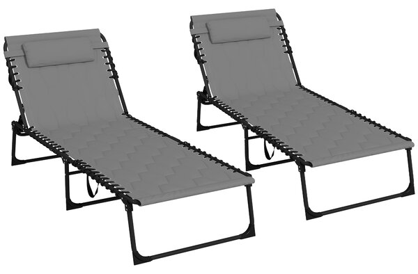 Outsunny Foldable Sun Lounger Set with 5-level Reclining Back, Outdoor Tanning Chairs with Build-in Padded Seat, Outdoor Sun Loungers with Side Pocket, Headrest for Beach, Yard, Patio, Grey