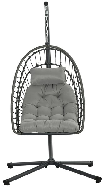 Outsunny Outdoor PE Rattan Swing Chair with Thick Padded Cushion, Foldable Basket Patio Hanging Chair with Metal Stand, Headrest, for Indoor and Outdoor, Light Grey