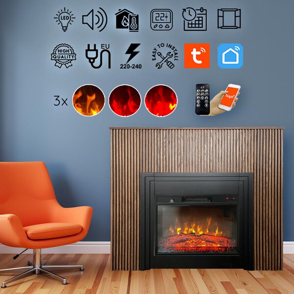 Free Standing Electric Fires with decorative slats ElectricSun LAMELIA Dark oak, with Sound Effect, 3 Colour, with APP, W120xH102cm