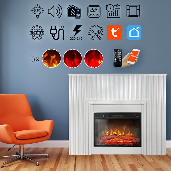 Free Standing Electric Fires with decorative slats ElectricSun LAMELIA White, with Sound Effect, 3 Colour, with APP, W120xH102cm