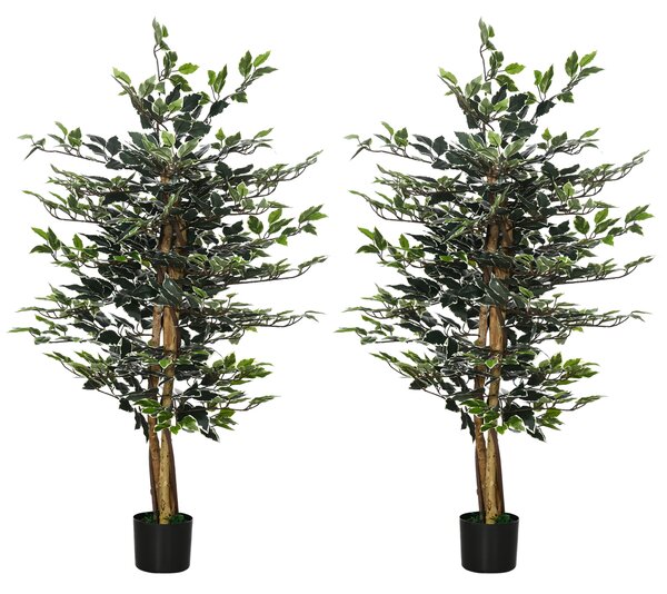 HOMCOM Set of 2 Artificial Ficus Trees, 130cm Tall with Realistic Leaves & Natural Trunks, Indoor/Outdoor Decor, Green