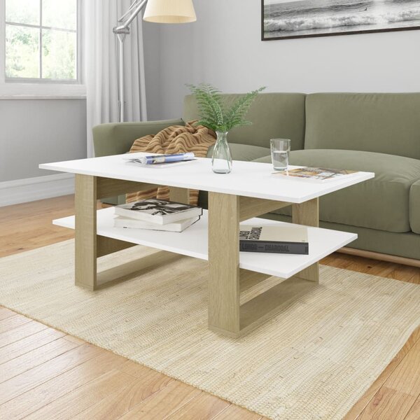 Coffee Table White and Sonoma Oak 110x55x42 cm Engineered Wood