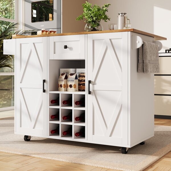 Kitchen Island Trolley with Drop-Leaf Tabletop, Side Shelves, Rolling Serving Cart on Castors, 137.5x40-65x95.5 cm, White Aosom UK