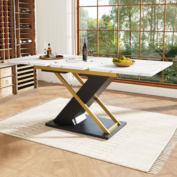 6–8 Seats Extendable Dining Table with Marble-Effect MDF Top, Kitchen Table with Metal Slide Rails, 120-160L x 80W x 75.5H cm, Black+Golden Aosom UK