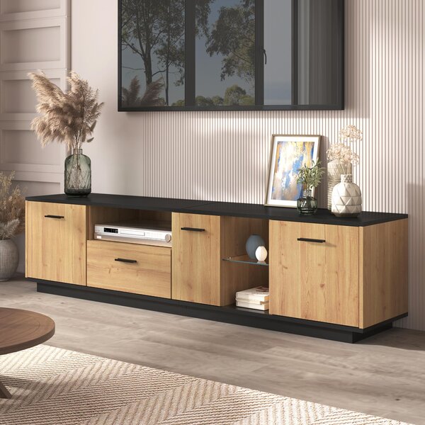 Modern TV Cabinet with 3 Doors, Drawer and 2 Open Glass Compartments, TV Stand with Solid Wooden Legs, 180L x 37W x 45H cm, Black+Wood Aosom UK