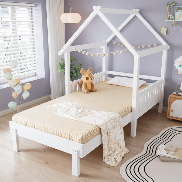 3ft Single Wooden Bed with Pull-Out Trundle and Sturdy Plywood Slats, Versatile Bed Frame for Bedrooms, 197L x 107.5W x 139H cm, White Aosom UK
