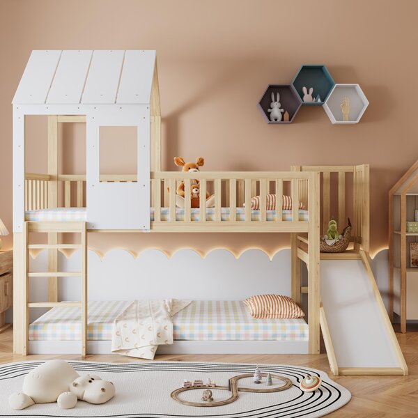Wooden High Sleeper Bed with Slide and 3‑Step Ladder for Children, Bunk Bed with Playhouse Roof, 240.5L x 137.5W x 221H cm, White+Natural Aosom UK