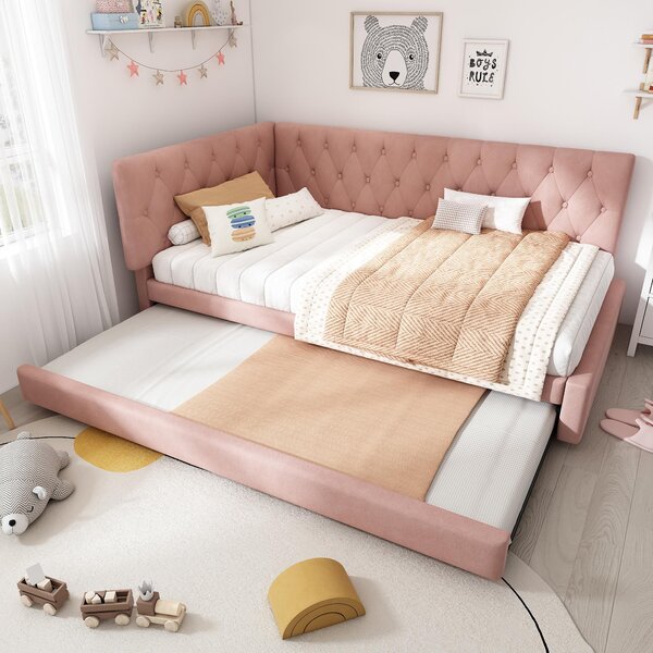 Upholstered Daybed with Pull-Out Trundle and Slatted Base, Velvet Single Sofa Bed for Adults and Kids, 202L x 105W x 83H cm, Pink Aosom UK