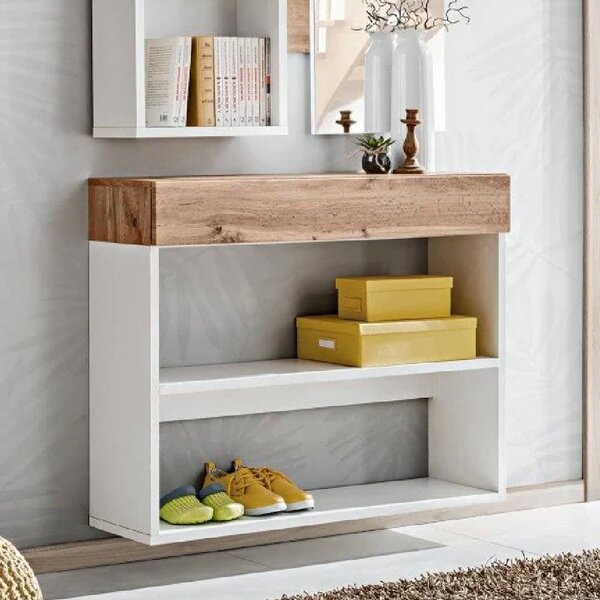 Elyria Wooden Wall Shelf With 1 Drawer In Wotan Oak And White