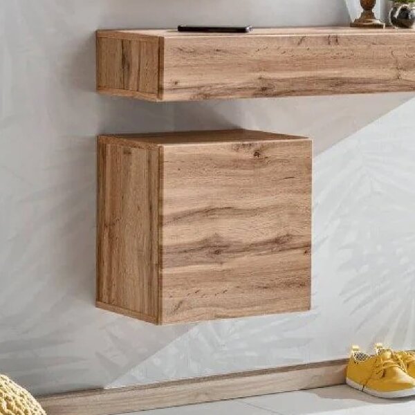 Elyria Wooden Square Wall Shelf With 1 Drawer In Wotan Oak