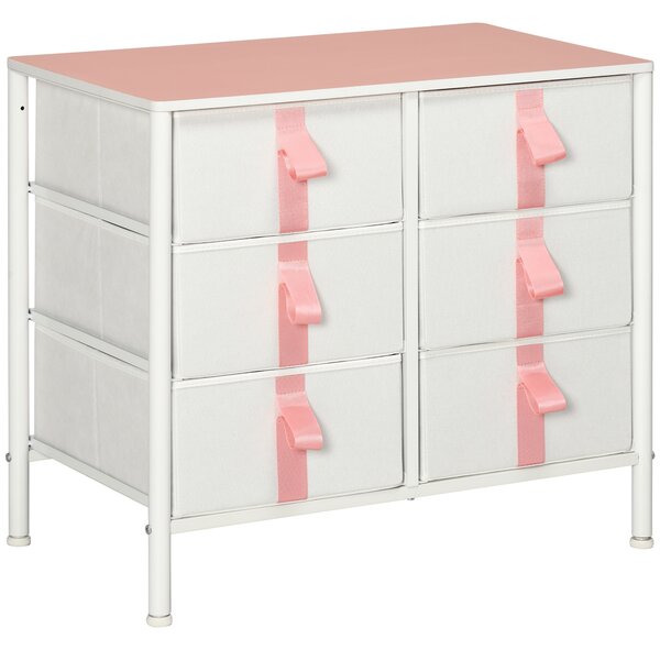 HOMCOM Storage Chest with 6 Fabric Drawers, Metal Frame Dresser with Wooden Top, Organiser for Bedroom or Nursery, Pink