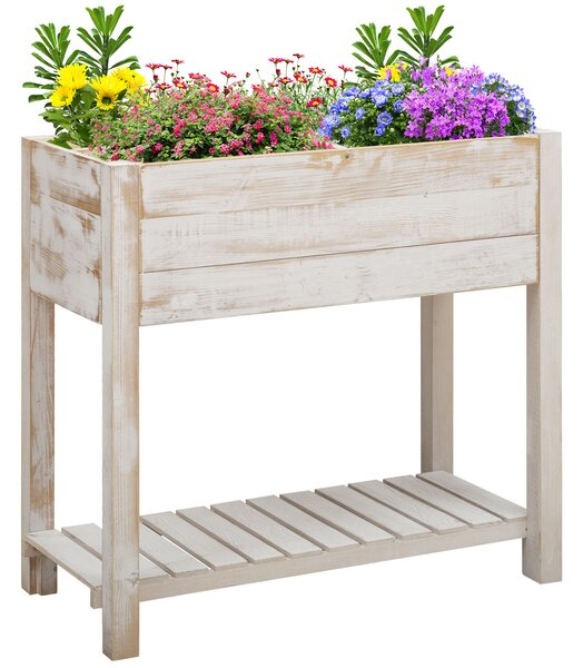Outsunny Elevated Wooden Planter, Garden Raised Bed with 2 Tiers, 4 Pockets for Vegetable, Flower, Herb Gardening, Backyard Patio, White