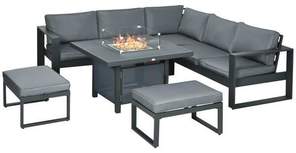 Outsunny 6-Piece Aluminium Garden Furniture Set, Outdoor Corner Sofa, Loveseat, Footstool, Sectional with Gas Fire Pit Table, Grey