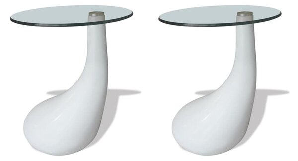 Coffee Table 2 pcs with Round Glass Top High Gloss White