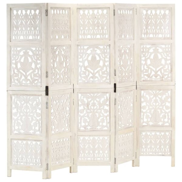 Hand carved 5-Panel Room Divider White 200x165 cm Solid Mango Wood