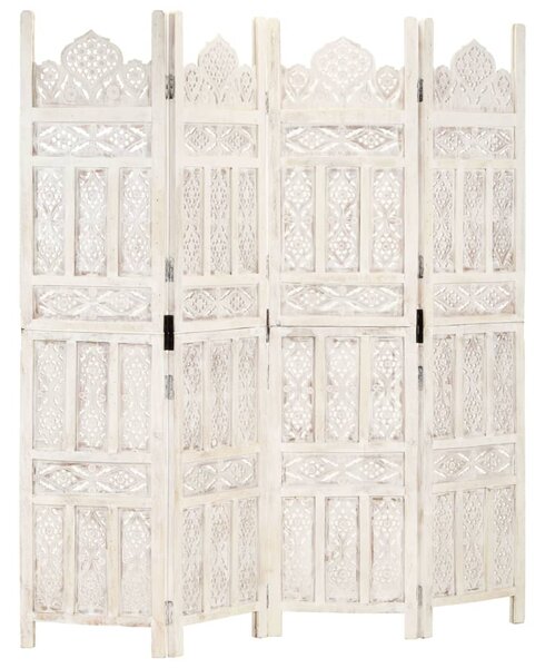 Hand carved 4-Panel Room Divider White 160x165 cm Solid Mango Wood