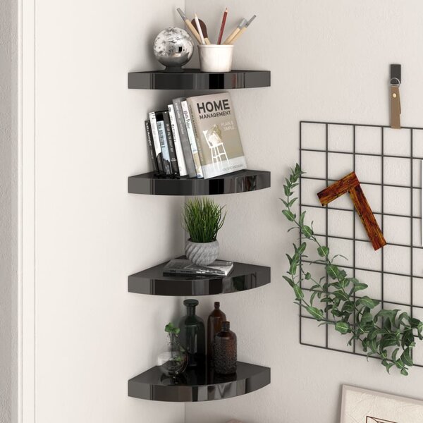 Floating Corner Shelves 4 pcs High Gloss Black 25x25x3.8 cm MDF