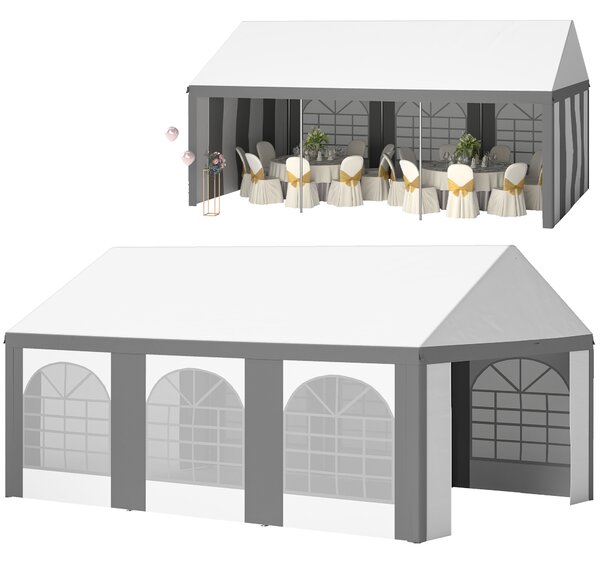 Outsunny 6 x 4m Galvanised Party Tent, Marquee Gazebo with Sides, Six Windows and Double Doors, for Parties, Wedding and Events, White and Grey