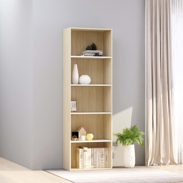 5-Tier Book Cabinet White and Sonoma Oak 60x30x189 cm Engineered Wood