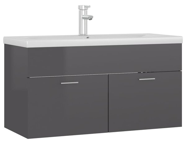 Sink Cabinet with Built-in Basin High Gloss Grey Engineered Wood