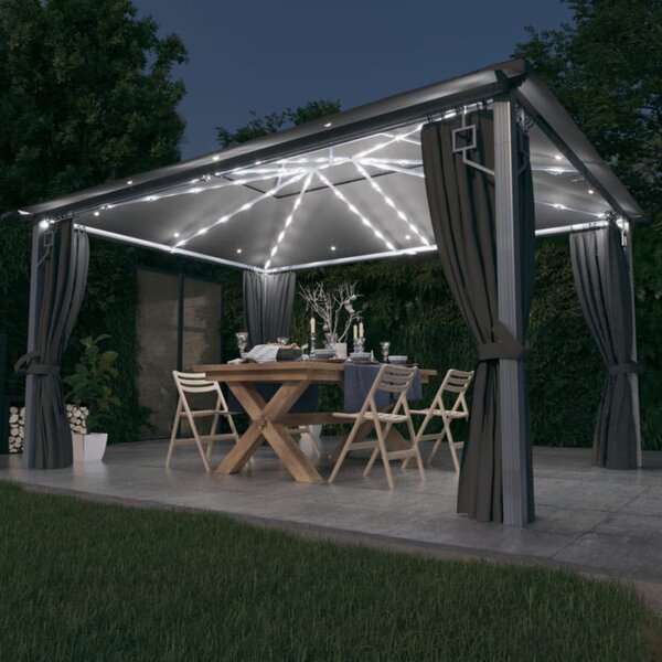 Gazebo with Curtain&LED String Lights 4x3 m Anthracite Aluminium