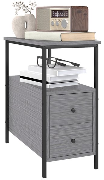 HOMCOM Side Table, Narrow Bedside Table with 2 Drawers and Storage Shelf, Industrial End Table with Metal Frame for Small Spaces, Grey Wood Grain