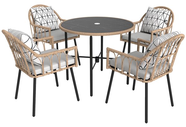 Outsunny 5 Piece Patio Rattan Dining Set, Wicker Garden Table and Chairs w/ Removable Seat & Back Cushions, Round Tempered Glass Tabletop, Parasol Hole, Outdoor Furniture Conservatory Set, Light Brown
