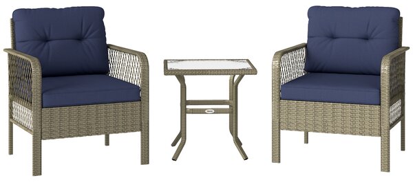 Outsunny 3 Pieces Rattan Bistro Set with Glass Top Coffee Table, Chairs and Cushions for Outdoor, Patio, Balcony, Charcoal Grey