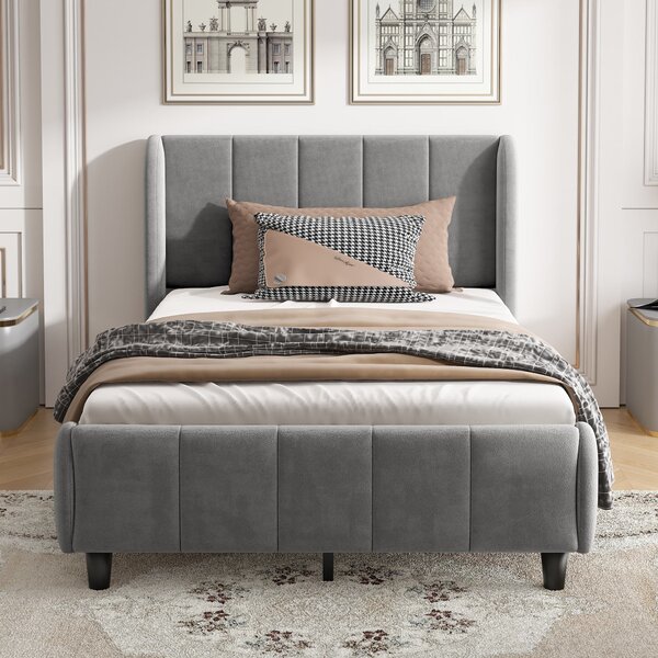 3FT Single Upholstered Ottoman Bed with Soft Backrest and Vertical Stripe Design, Sofa Bed with Metal Bracket, 202L x 103W x 103H cm, Gray Aosom.UK