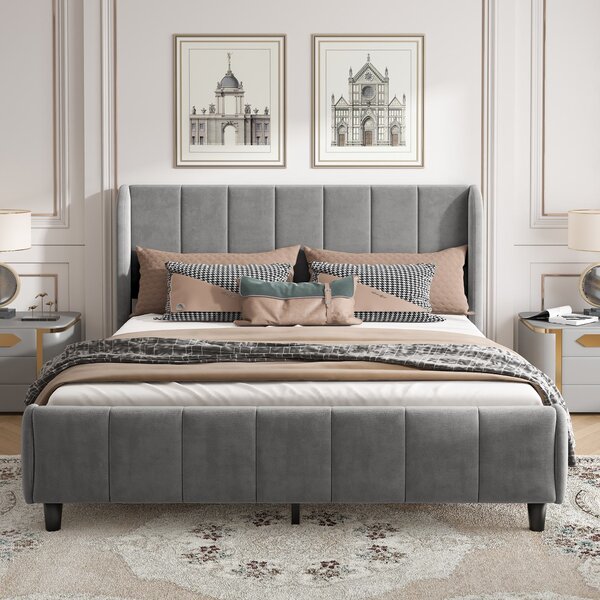 3FT Double Upholstered Ottoman Bed with Soft Backrest and Vertical Stripe Design, Sofa Bed with Metal Bracket, 202L x 149W x 103H cm, Gray Aosom.UK