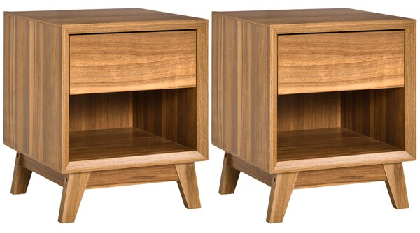 HOMCOM Nightstand Pair: Contemporary End Tables with Drawer & Shelf, Living Room Accent, Set of 2, Walnut Brown Aosom UK
