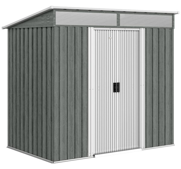 Outsunny 6.5 x 4FT Galvanised Metal Shed with Foundation Kit, Lockable Tool Garden Shed with Double Sliding Doors, Vents, Light Grey Wood Effect