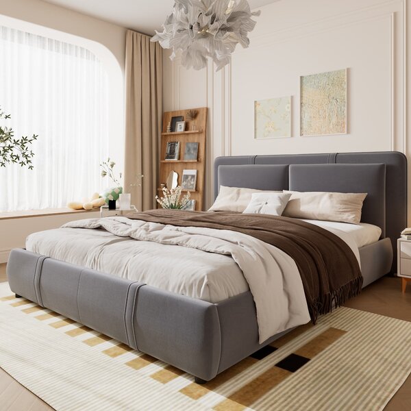 Upholstered Hydraulic Bed with Storage and Removable Headboard, Crafted Headboard with Velvet and Plywood, 210L x 159W x 90H cm, Grey Aosom UK