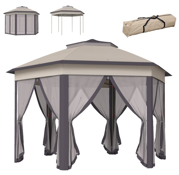 Outsunny Hexagon Patio Gazebo Pop Up Gazebo Outdoor Double Roof Instant Shelter with Netting, 4m x 4m, Beige