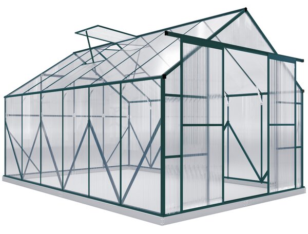 Outsunny Aluminium Greenhouse Polycarbonate Walk-in Garden Greenhouse Kit with Adjustable Roof Vent, Rain Gutter and Foundation, 8 x 12ft, Clear