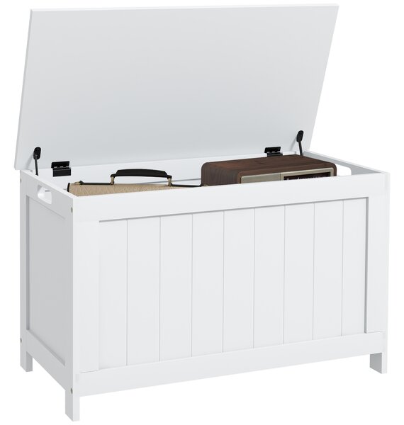 HOMCOM Storage Chest, Modern Storage Trunk with 2 Safety Hinges and Cut-out Handles, Wooden Toy Box for Living Room, 76x40x48 cm, White Aosom UK