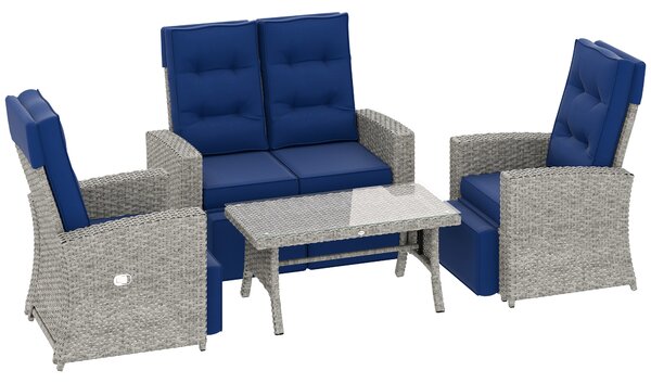 Outsunny 4 Piece Rattan Garden Furniture Set Outdoor Sofa Sectional Set with Glass Top Table for Poolside, Navy Blue