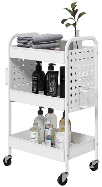 HOMCOM 3-tier Storage Trolley on Wheels, Rolling Utility Serving Cart with 3 Mesh Baskets, 2 Hanging Boxes and 6 Hooks for Living Room, Kitchen, White