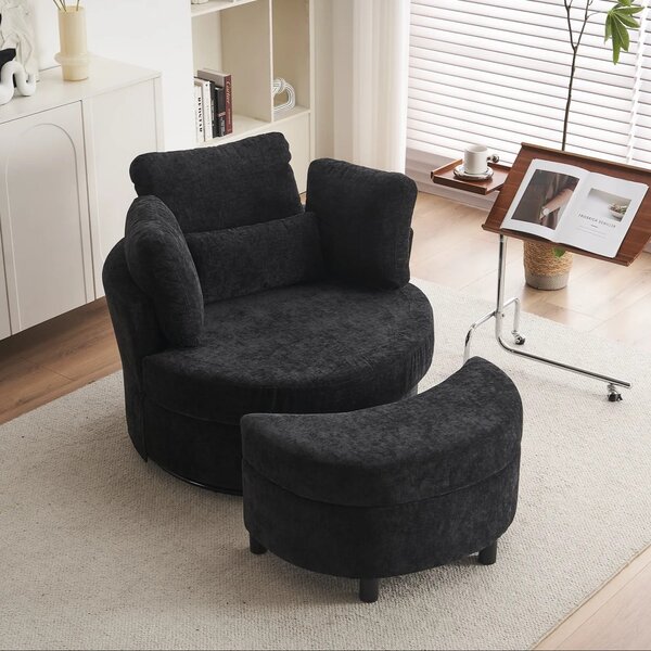 Chenille 360° Swivel Armchair Set with 3 Back Cushions and Crescent Ottoman Stool, Single Sofa for Living room, 107L x 105W x 82H cm, Black Aosom.UK