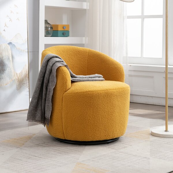 Teddy Fabric Ergonomic Swivel Accent Armchair with 360° Rotation, Comfy Round Sofa Chair, Reading Room Lounge Chair, 64x64x71 cm, Yellow Aosom UK