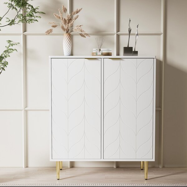 Lacquered Sideboard with 2 Doors and 6 Compartments, Gold-Plated Feet, Storage Cabinets for Living Room, 75L x 40W x 90H cm, White Aosom.UK