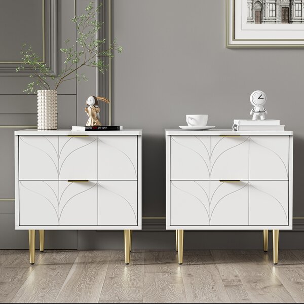 Set of 2 Modern Gold-Plated Accents Bedside with Drawers, Floral Pattern, Anti-Bump Design Living Room Cabinets, 50L x 40W x 54H cm, White Aosom.UK