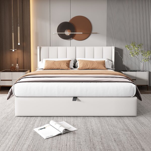 Headboard Adjustable LED Upholstered Double Bed with USB Charging, Wooden Bed Frame with Hydraulic Storage, 191L x 136W x 103H cm, White Aosom.UK