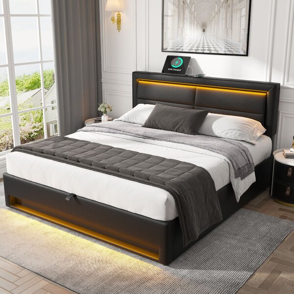 LED Upholstered Double Bed with USB Charging, Storage Space, PU-Lychee Design, Modern Wooden Bed Frame, 197L x 141W x 100-110H cm, Black Aosom.UK