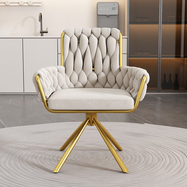 Luxurious Swivel Dining Armchair with Padded Velvet Seat and Metal Legs, Modern Kitchen Chair, Light Luxury Office Chair, 63x50x87cm, Beige Aosom.UK