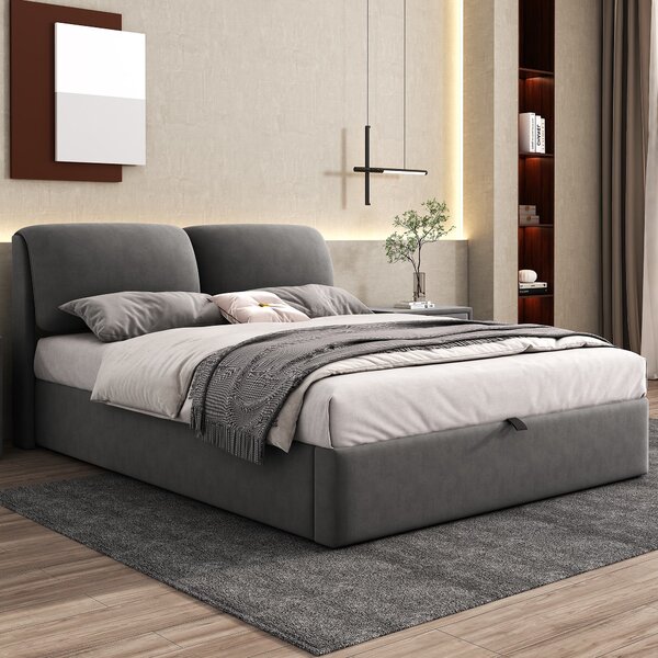 Velvet Upholstered King Size Ottoman Bed with Hydraulic Storage, Slatted Bed Frame with Adjustable Headboard, 191L x 136W x 102H cm, Grey Aosom.UK